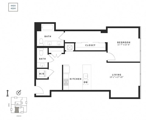 Floor plan for 1 bed, 1.5 baths, 973 sqft